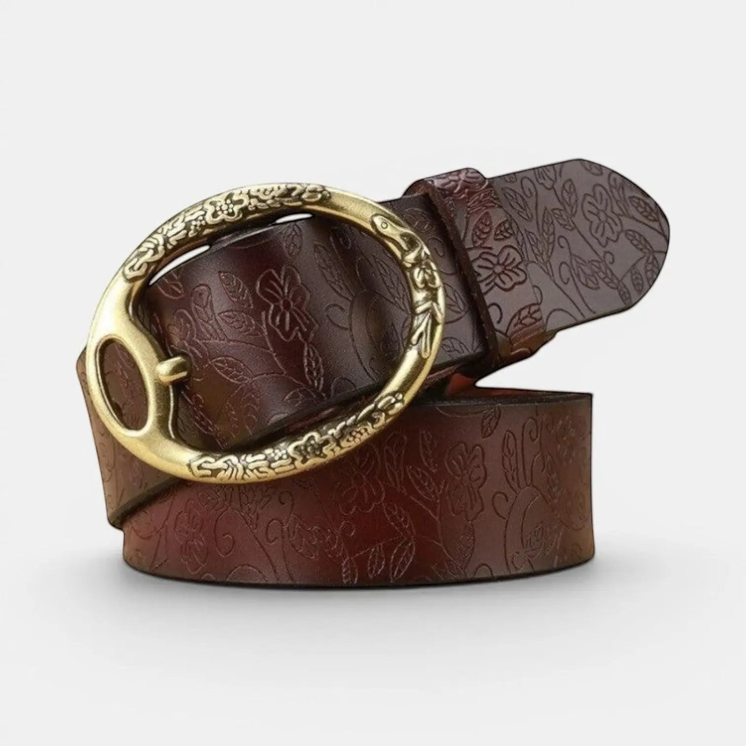 Women's Textured Leather Belt Floral Pattern Gold Oval Buckle | Florvex | Beltary