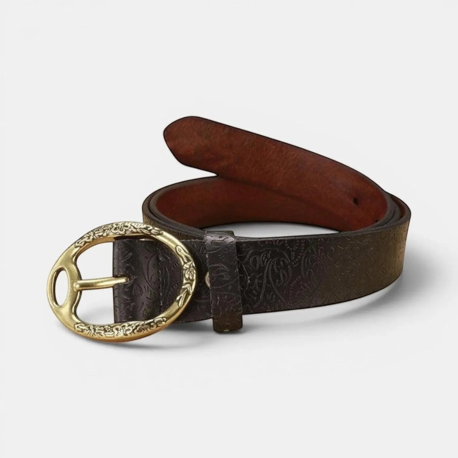 Women's Textured Leather Belt Floral Pattern Gold Oval Buckle | Florvex | Beltary