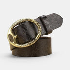 Women's Textured Leather Belt Floral Pattern Gold Oval Buckle | Florvex | Beltary