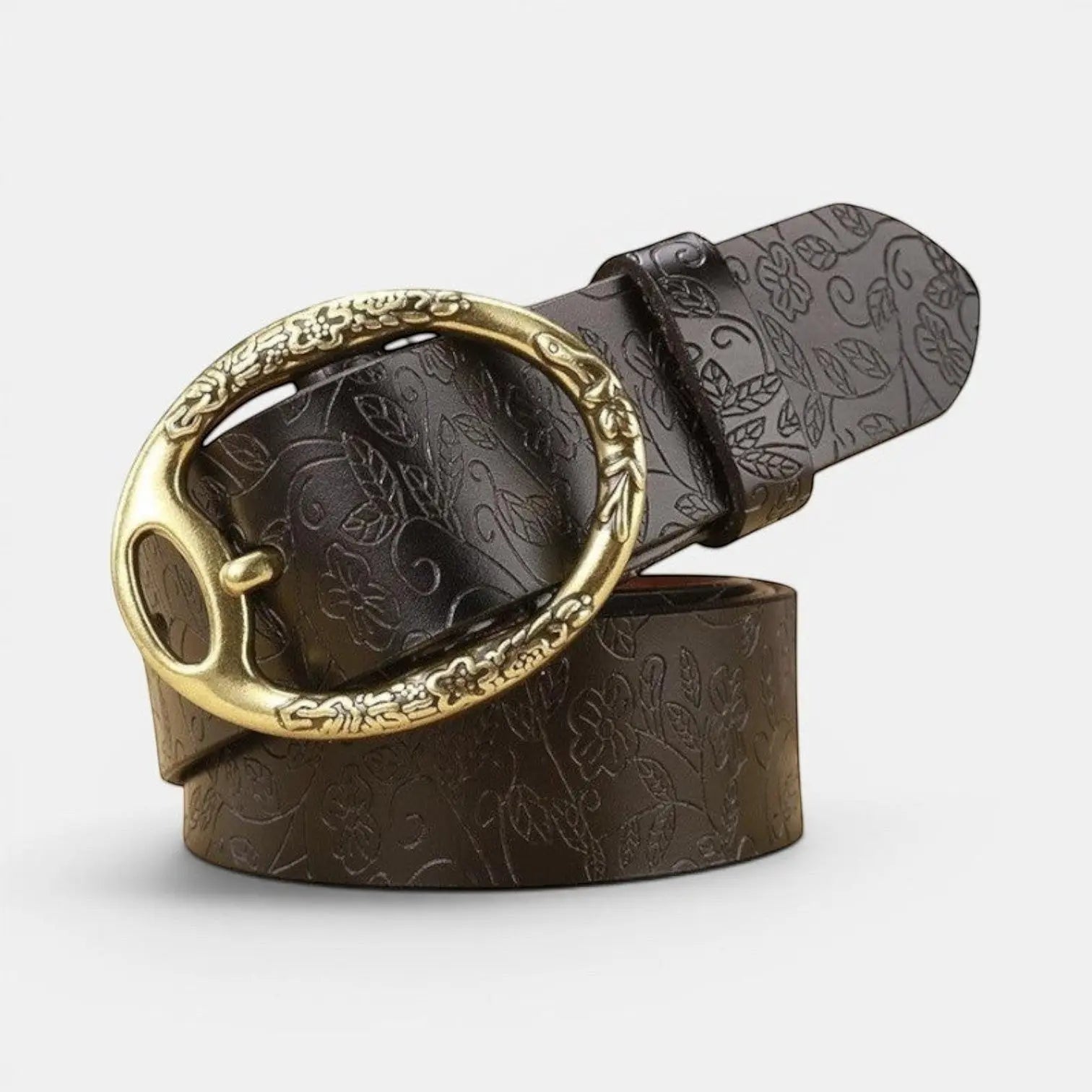 Women's Textured Leather Belt Floral Pattern Gold Oval Buckle | Florvex | Beltary