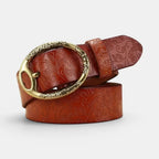 Women's Textured Leather Belt Floral Pattern Gold Oval Buckle | Florvex | Beltary