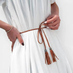 Women's Thin Braided Vegan Faux Leather Tie Belt Boho | Talmix | Beltary
