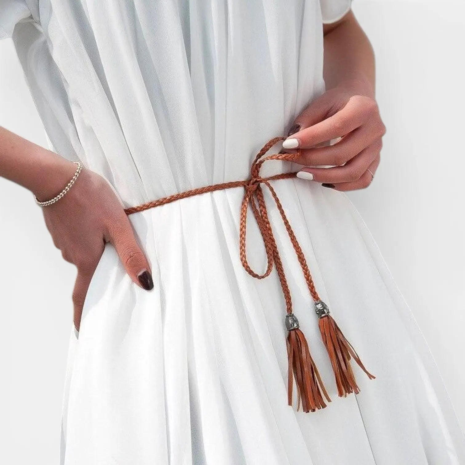 Women's Thin Braided Vegan Faux Leather Tie Belt Boho | Talmix | Beltary