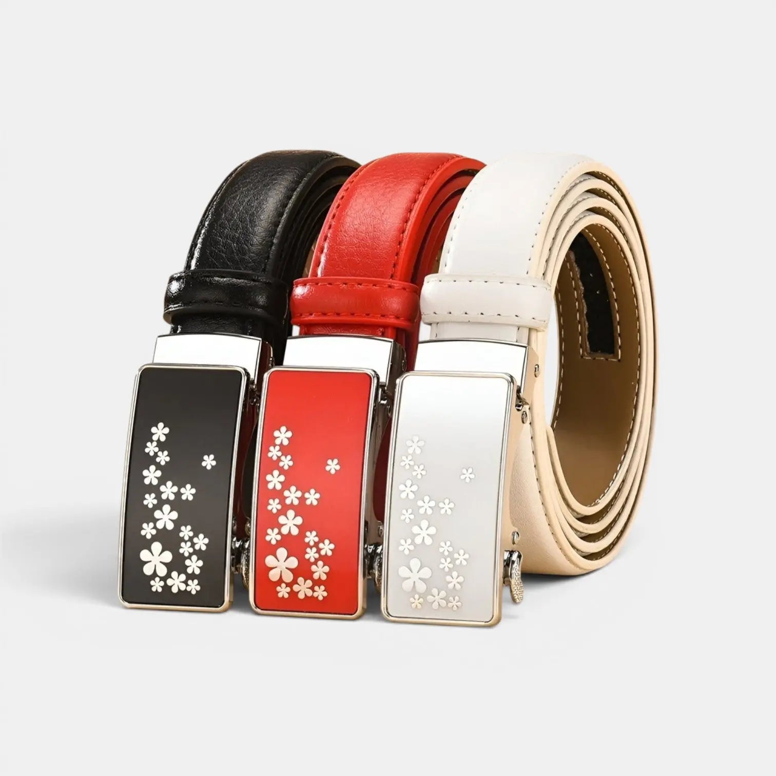 Women's Thin Leather Automatic Belt Floral Buckle | Kelvax | Beltary