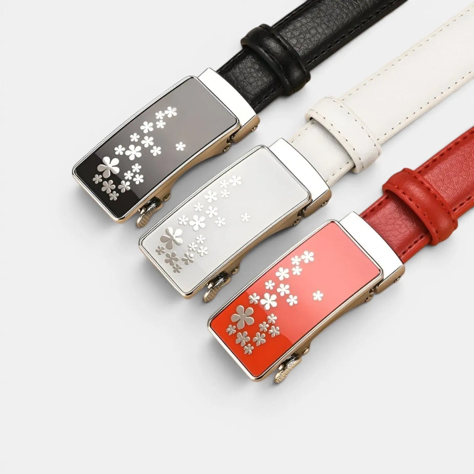 Women's Thin Leather Automatic Belt Floral Buckle | Kelvax | Beltary