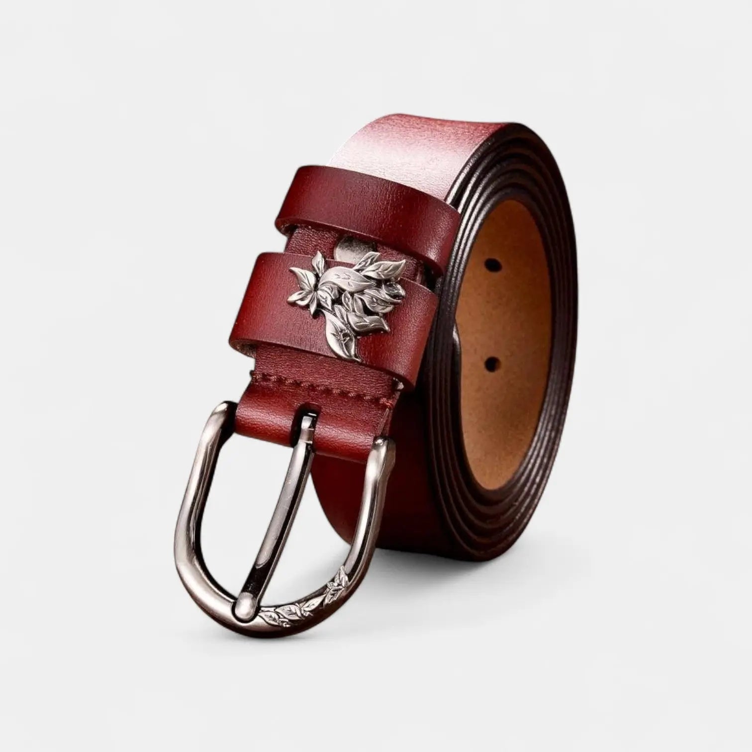 Women's Thin Leather Belt Pin Buckle Foliage Design | Selvax | Beltary
