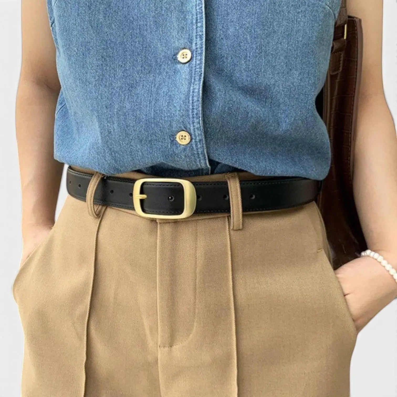 Women's Thin Smooth Leather Belt with Round Gold Buckle | Talvex | Beltary