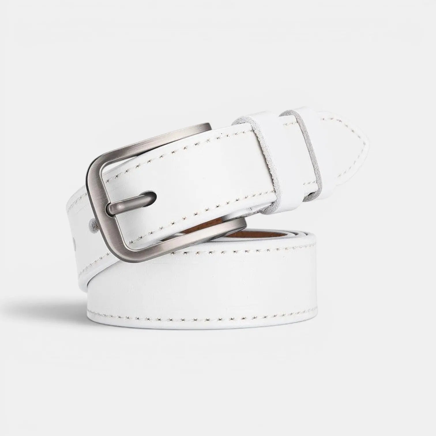 Women's White Smooth Leather Belt Fine Stitching Pin Buckle | Nestax | Beltary
