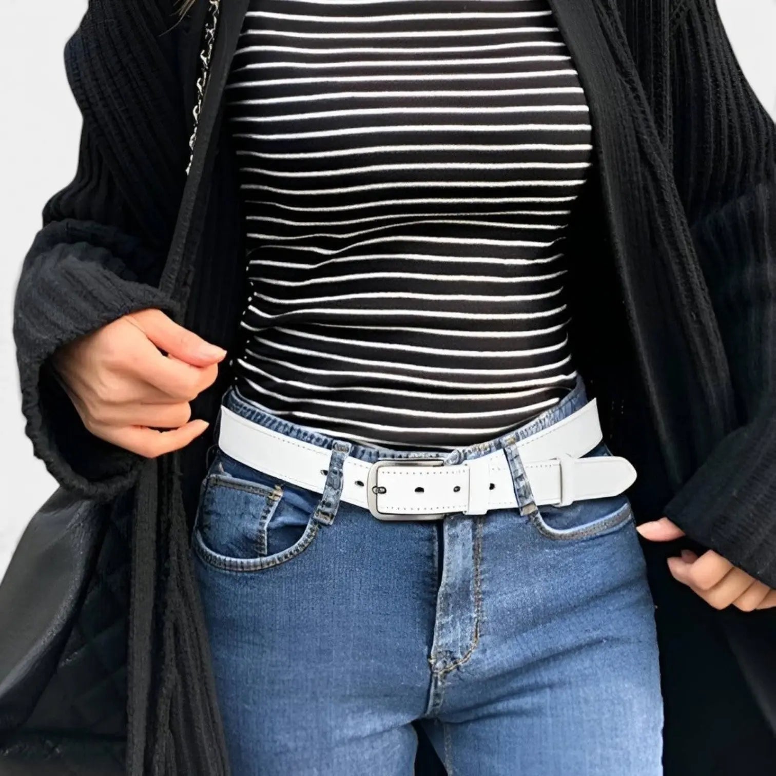Women's White Smooth Leather Belt Fine Stitching Pin Buckle | Nestax | Beltary