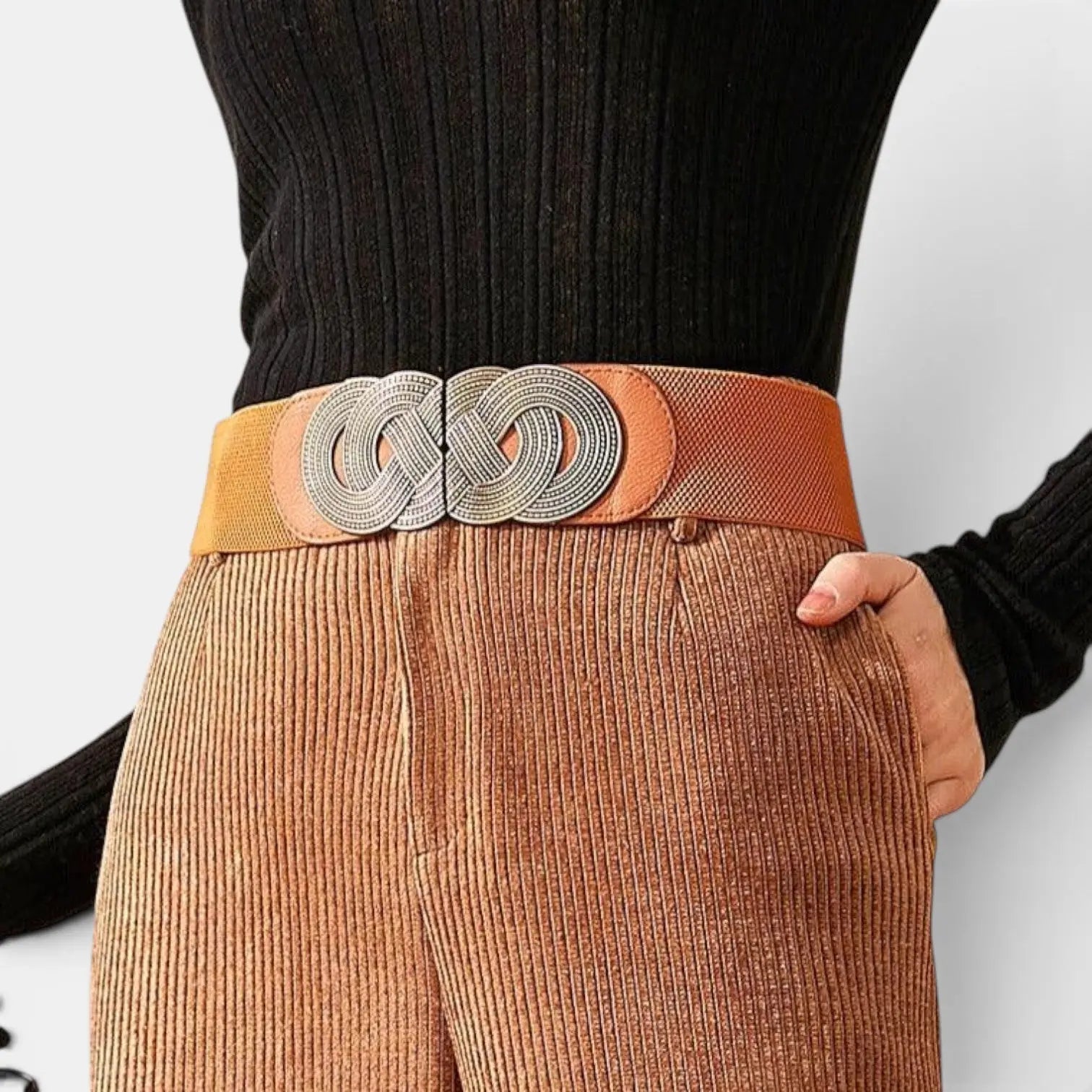 Women's Wide Elastic Belt Gold Round Buckle | Rovelx | Beltary
